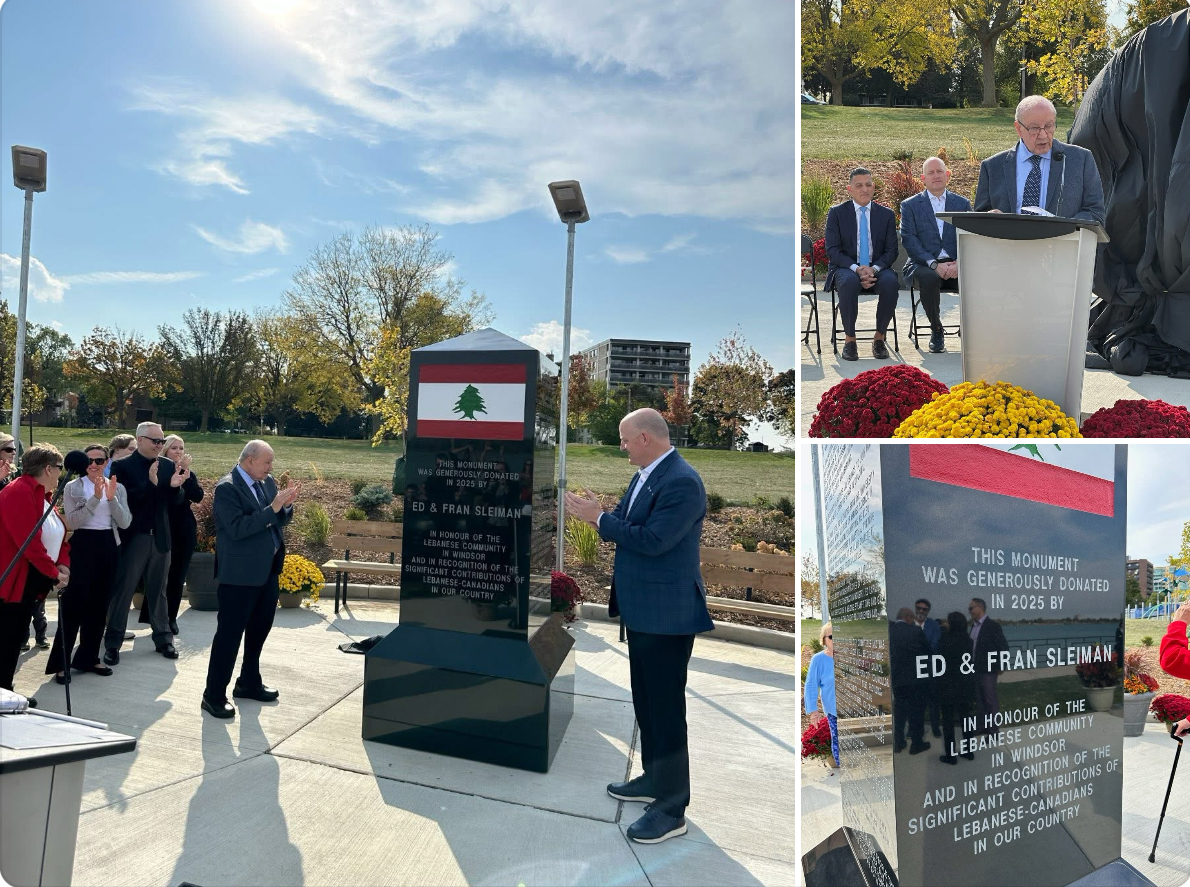 عمدة وندسور درو ديلكنز والعضو البلدي إد سليمان يزيحان الستار عن نصب الجالية اللبنانية في حديقة ألكسندر